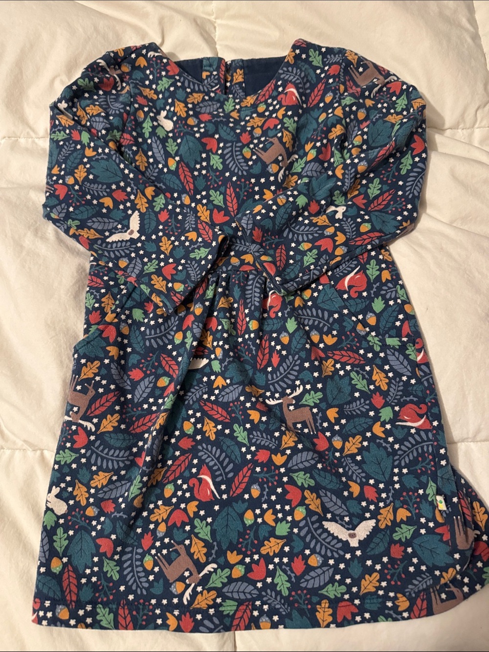 Girls' Navy Woodland Print Long Sleeve Dress